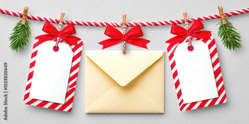 Fototapeta premium Festive Canada Day Flat Lay with Blank Envelopes, Gift Tags, and Ribbons on White Background with Copy Space for Celebratory Messages