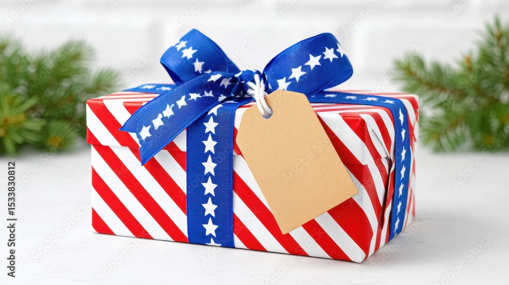 Fototapeta premium Patriotic Gift Box Mockup for Independence Day Branding with Blank Tag and Festive Elements Copy Space