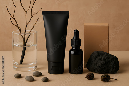 ベージュの背景に並べられた黒のドロッパーボトルとチューブ、枝を差したグラス、石、種子、ペブルなど自然素材とコスメが調和するミニマルな静物構成。