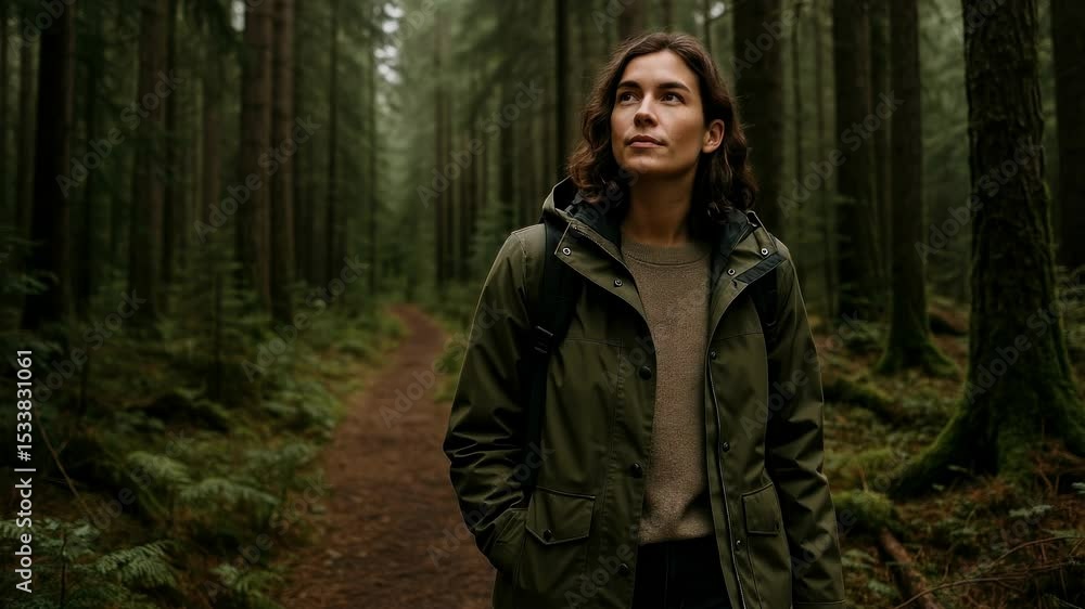 A serene forest scene with a woman in a green jacket, captured from a front-facing angle, evoking a cinematic video feel of exploration and tranquility A serene forest scene with a woman in a green jacket, captured from a front-facing angle, evoking a cinematic video feel of exploration and tranquility