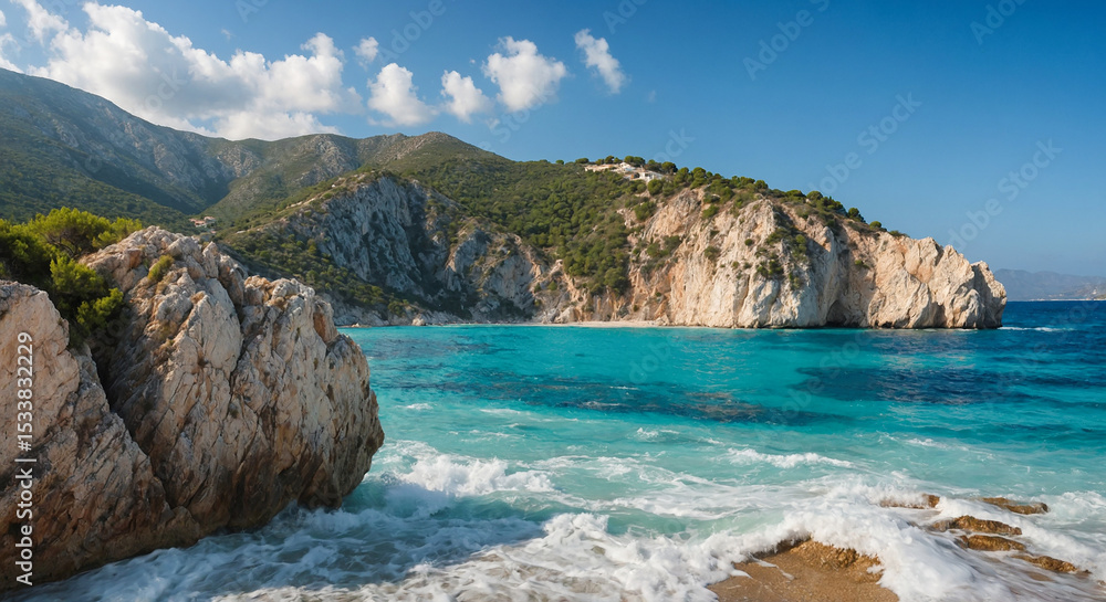 Fototapeta premium Beach Seascape Overlooking Clear Blue Ionian Waters