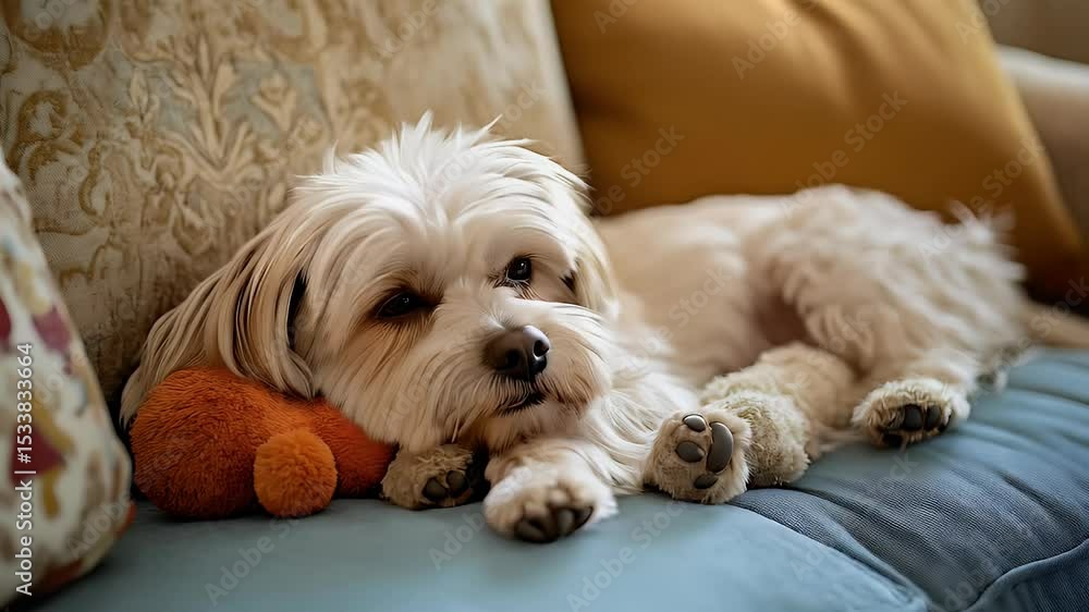 Relaxed dog resting on a couch with a toy Relaxed dog resting on a couch with a toy