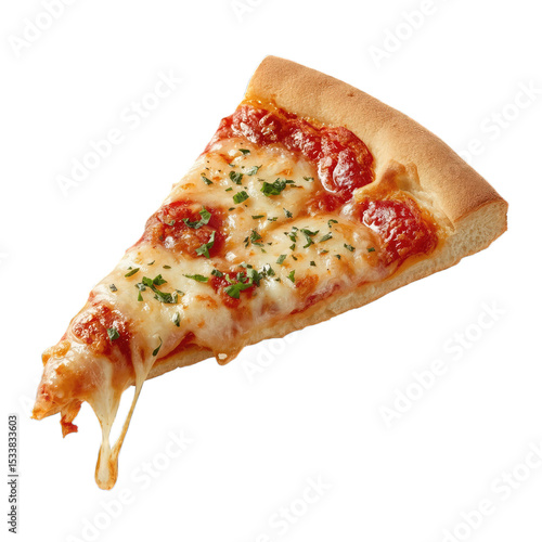 Delicious slice of pizza with melted cheese, pepperoni, and herbs, showcasing a gooey texture and appetizing appearance.