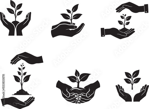 A bold black and white silhouette vector representing environmental conservation. The design features a pair of hands gently holding a small plant with leaves, symbolizing growth, sustainability.