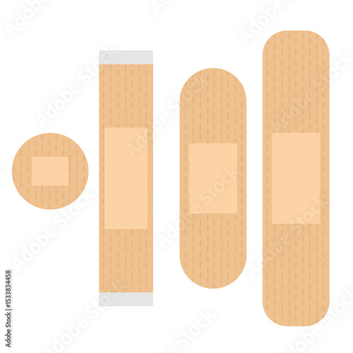 Set of wound plasters in various sizes,
used to cover minor skin wounds,
essential in doctor and first aid,
medical kit, flat design style.