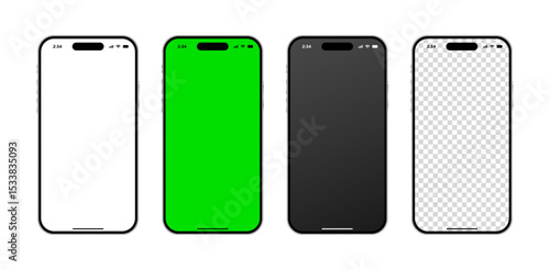 iPhone 16 Pro Max realistic mobile phone mockup with blank green screen, black and transparent display for advertisement and social media template. Smartphone vector illustration