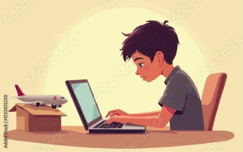 Young boy immersed in flight simulation on a laptop next to a model airplane during afternoon creativity