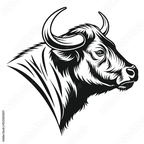 Impressive bull displays a powerful, stoic facial expression in bold monochrome