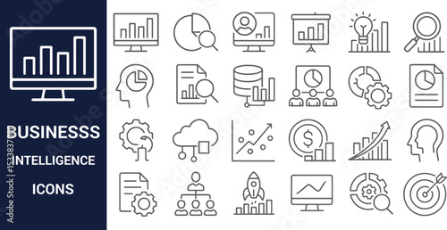 Business Intelligence Icons Data Analysis, Strategy, and Growth Visualization