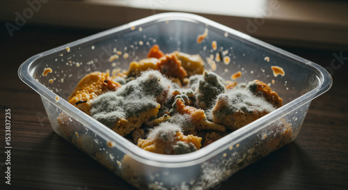 Moldy leftovers in plastic food container on wooden table  