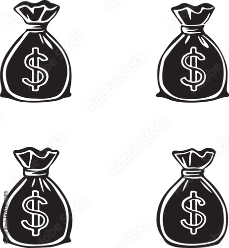 Black and white line art icon of a bag with a dollar symbol, representing financial gain.