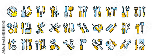 Hand Tools Vector Icons Set Colorful Repair and Maintenance Symbols Collection