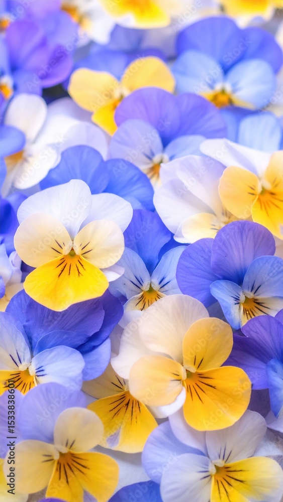 Fototapeta premium Vibrant blue, yellow, and white pansies in bloom
