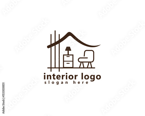 interior, furniture logo, house with chairs and tables with room lights inside, logo design template