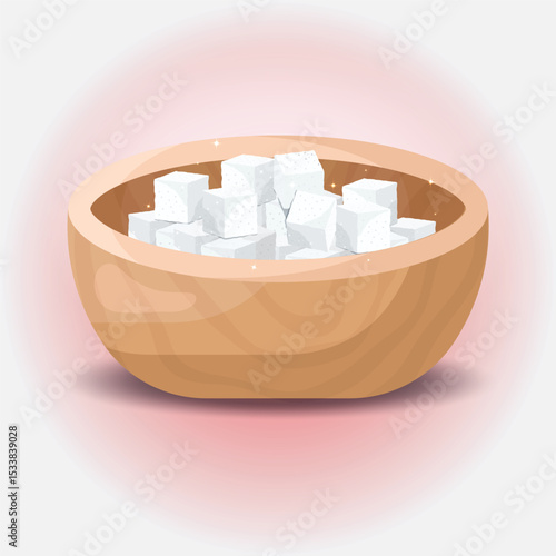 White sugar cubes in a wooden bowl illustration