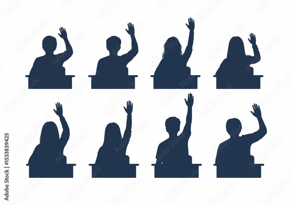 Students raising hands in classroom setting concept Students raising hands in classroom setting concept