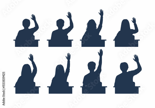 Students raising hands in classroom setting concept