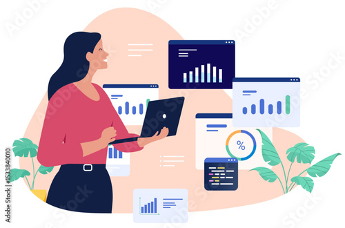 Happy businesswoman working with a laptop, surrounded by various data charts and graphs, representing financial analysis, business intelligence, or marketing statistics. Flat design illustration