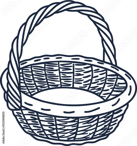 Wicker basket illustration hand drawn empty woven container with handle rustic storage or picnic object, outline