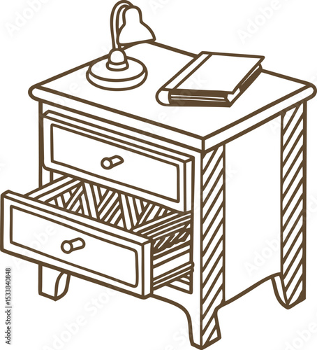 Wooden nightstand with open drawer, book, and table lamp hand drawn furniture illustration for home interior decor