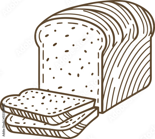 freshly sliced bread loaf whole wheat bakery food, brown toast, breakfast ingredients, simple outline drawing