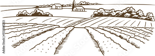 Countryside landscape with farm, fields, trees, and rural buildings agriculture rural scene sketch illustration