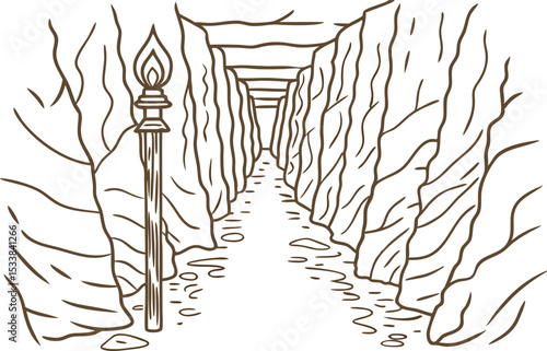 Ancient underground tunnel passage with torch rocky cave walls, narrow corridor labyrinth exploration