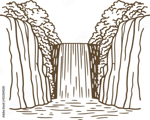 Large natural waterfall between tall cliffs, flowing water and forest trees, tranquil landscape illustration