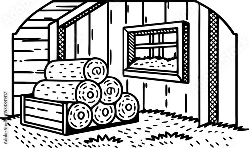 Wooden barn interior with stacked firewood logs in crate rural countryside storage, rustic shed window view