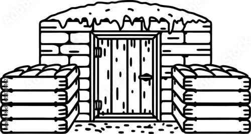 Snow covered brick bunker with fortified sandbags and wooden door winter defense structure, safety shelter illustration