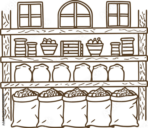 Rustic pantry shelves loaded with sacks, jars, bowls and preserved goods hand drawn vintage food storage illustration