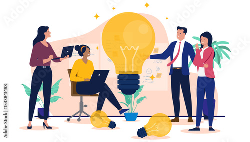 Creative business team brainstorming and developing new ideas for company and project, with a large glowing lightbulb symbolising innovation. Flat design vector illustration