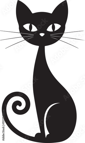 cat silhouette vector illustration with elegant curved tail and mysterious eyes perfect for halloween and pet design