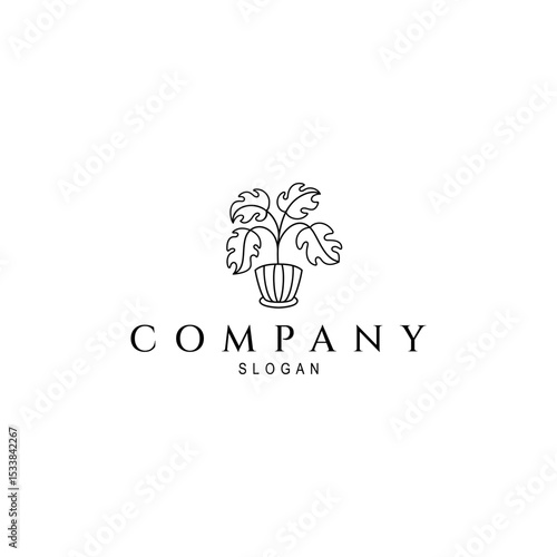 monstera plant logo in pot in line art design style