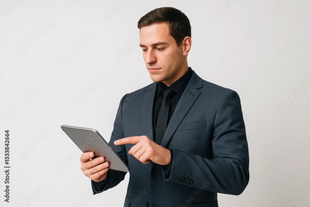 Executive holding tablet in hand, presenting key information or data insights. Executive holding tablet in hand, presenting key information or data insights.