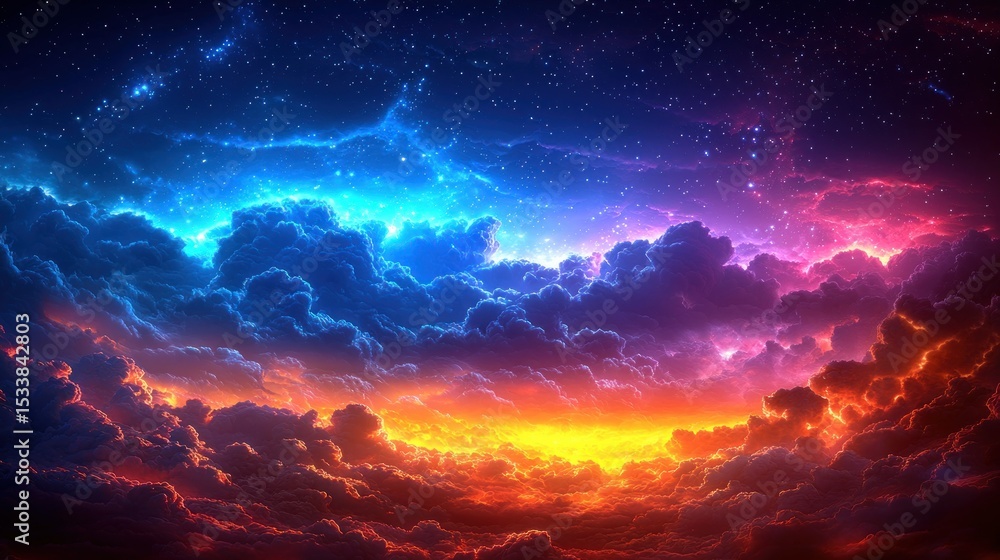 Naklejka premium Colorful, vibrant cloudscapes, starlit sky