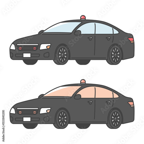 イラスト素材:赤色灯を出した黒塗りの捜査用車、要人警護、刑事車両 (フルカラー＆モノカラーSET)