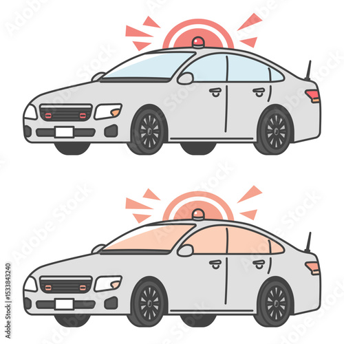 イラスト素材:サイレン、赤色灯を付けた覆面パトカー、日本の警察車両(フルカラー＆モノカラーSET)