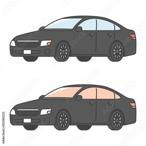 イラスト素材:黒塗りの捜査用車、要人警護、刑事の乗る車両 (フルカラー＆モノカラーSET)