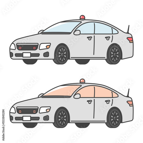 イラスト素材:赤色灯を出した覆面パトカー、日本の警察車両(フルカラー＆モノカラーSET)