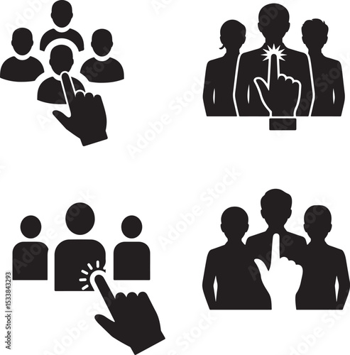 Silhouette icon of a hand pointing at a person in a 3 people of group, black and white, representing candidate selection.