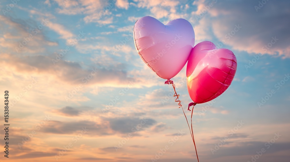 Fototapeta premium Heart Balloons Drifting in Pastel-Hued Heaven, Embrace of Romance with Gentle Lighting