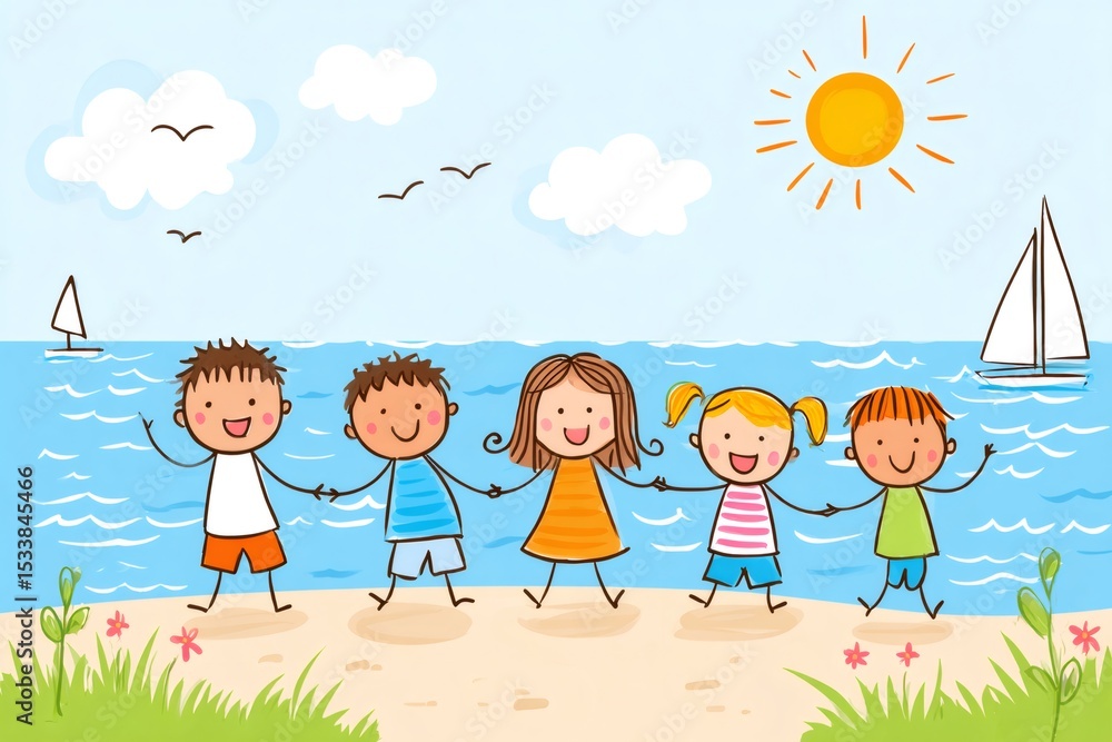 Happy children holding hands on beach in summertime Happy children holding hands on beach in summertime