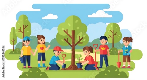 Children Planting Sapling Tree Seedling Together in Park, Earth Day Kids Volunteering in Garden with Shovels, Flat Vector Illustration, Happy and Hopeful