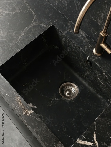 ultra HD image of Black marble kitchen sink top view high detail