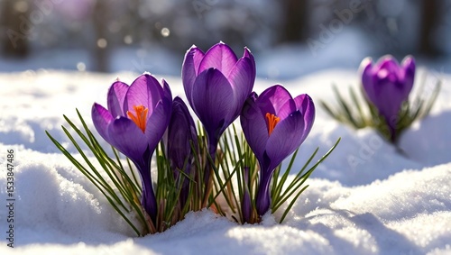 Spring Snow Crocus Purple Bloom Copy Space