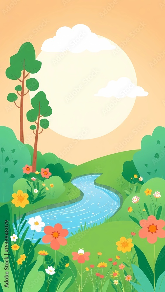 Obraz premium Cartoon spring landscape illustration with river, flowers, trees and sunshine
