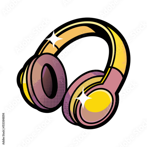 Colorful headphones illustrated in comic book style with pop art design, isolated vector image on transparent background  