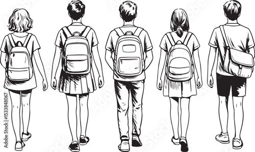 students walking with backpacks viewed from behind back to school concept vector illustration in hand drawn sketch style
