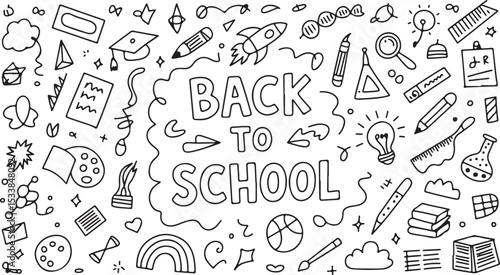 back to school doodle design filled with educational objects books stationery and learning icons hand drawn vector illustration